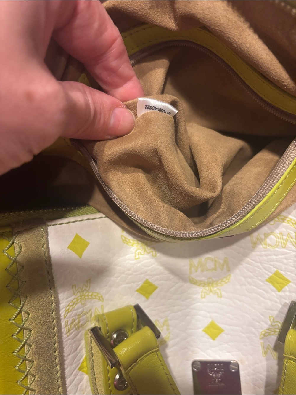 MCM limited edition suede stripes suede inside white and Lime Barrel Satchel - Picture 14 of 17